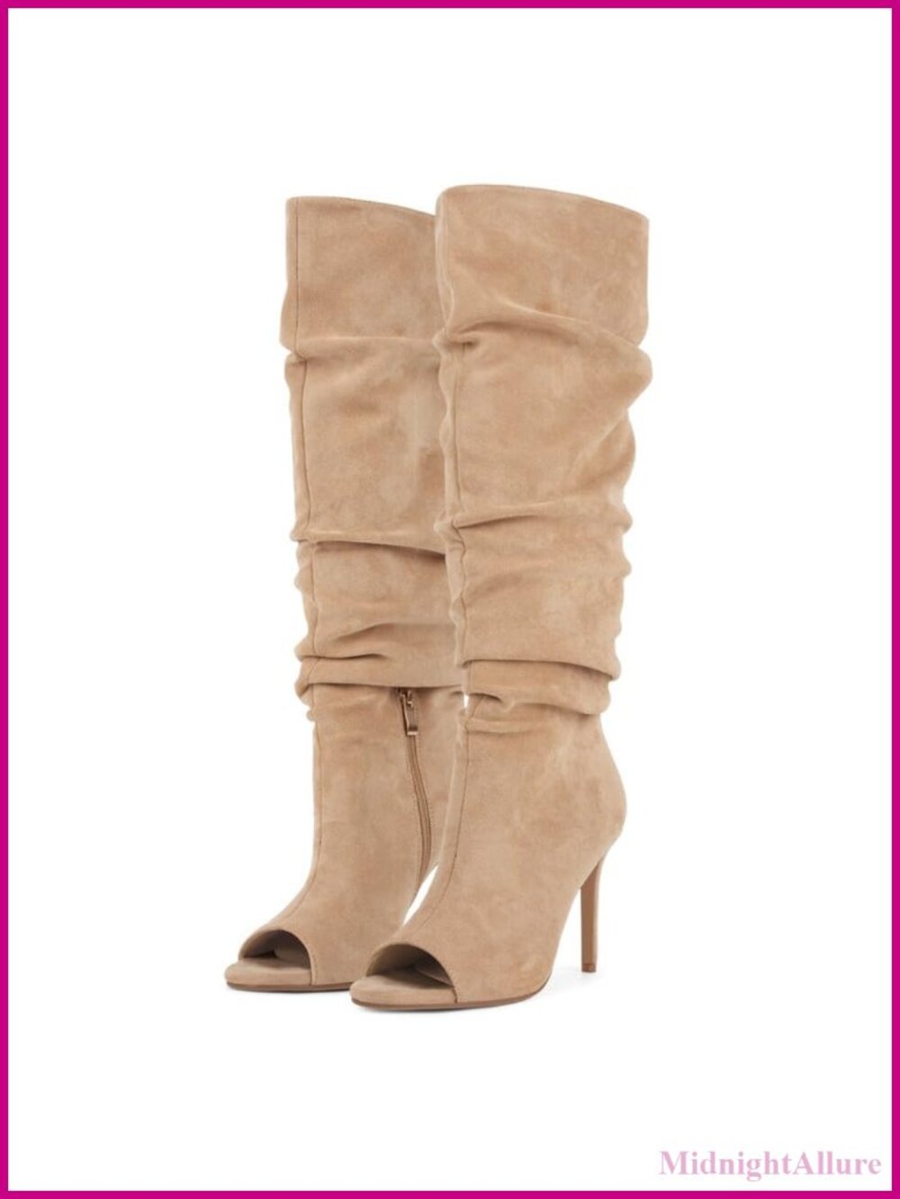 Peep Toe Slouch Knee High Stiletto Heel Faux Suede Dress Boots